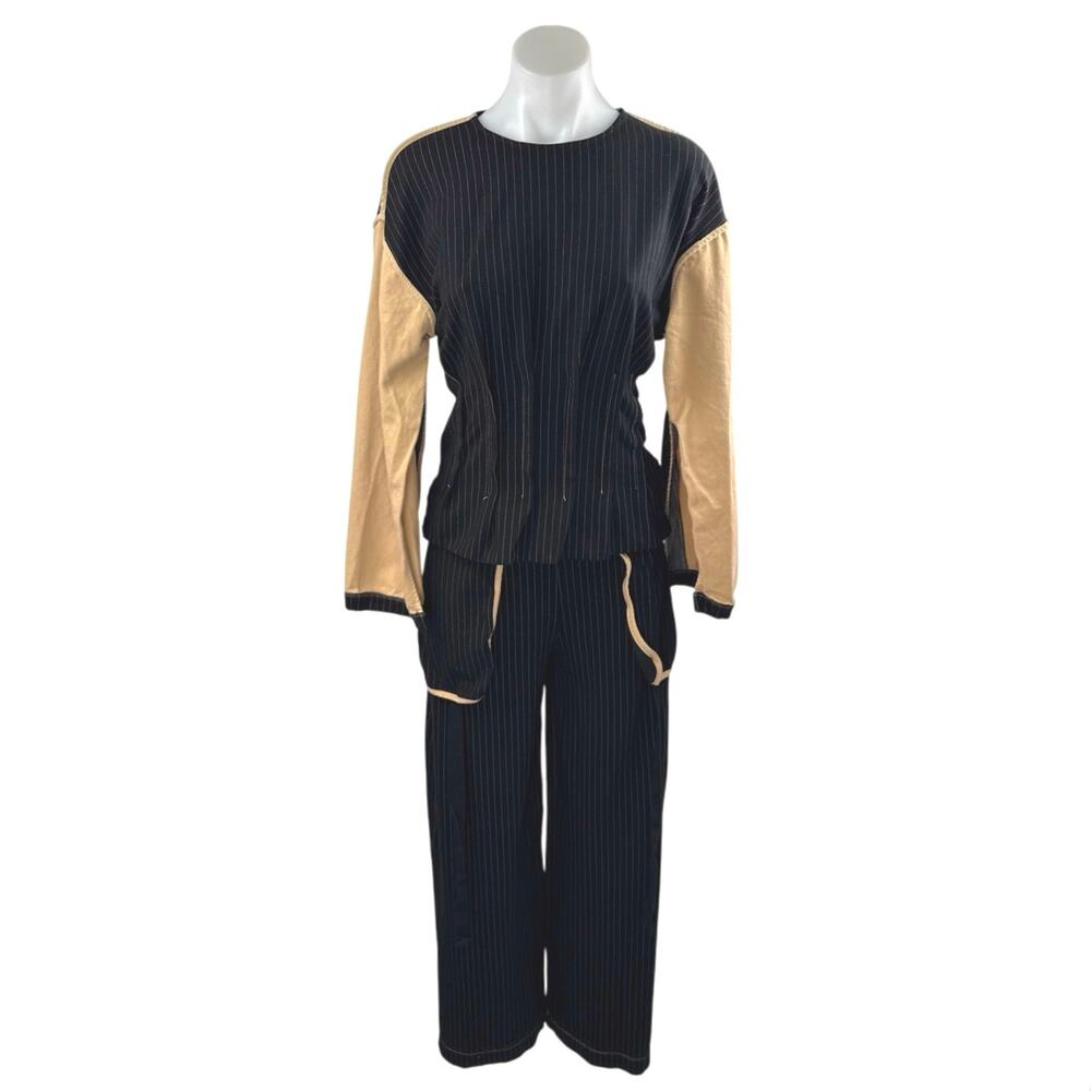 Zara Women's Black Striped Pleated Split Long Sleeve Top & Trousers Pants Set S